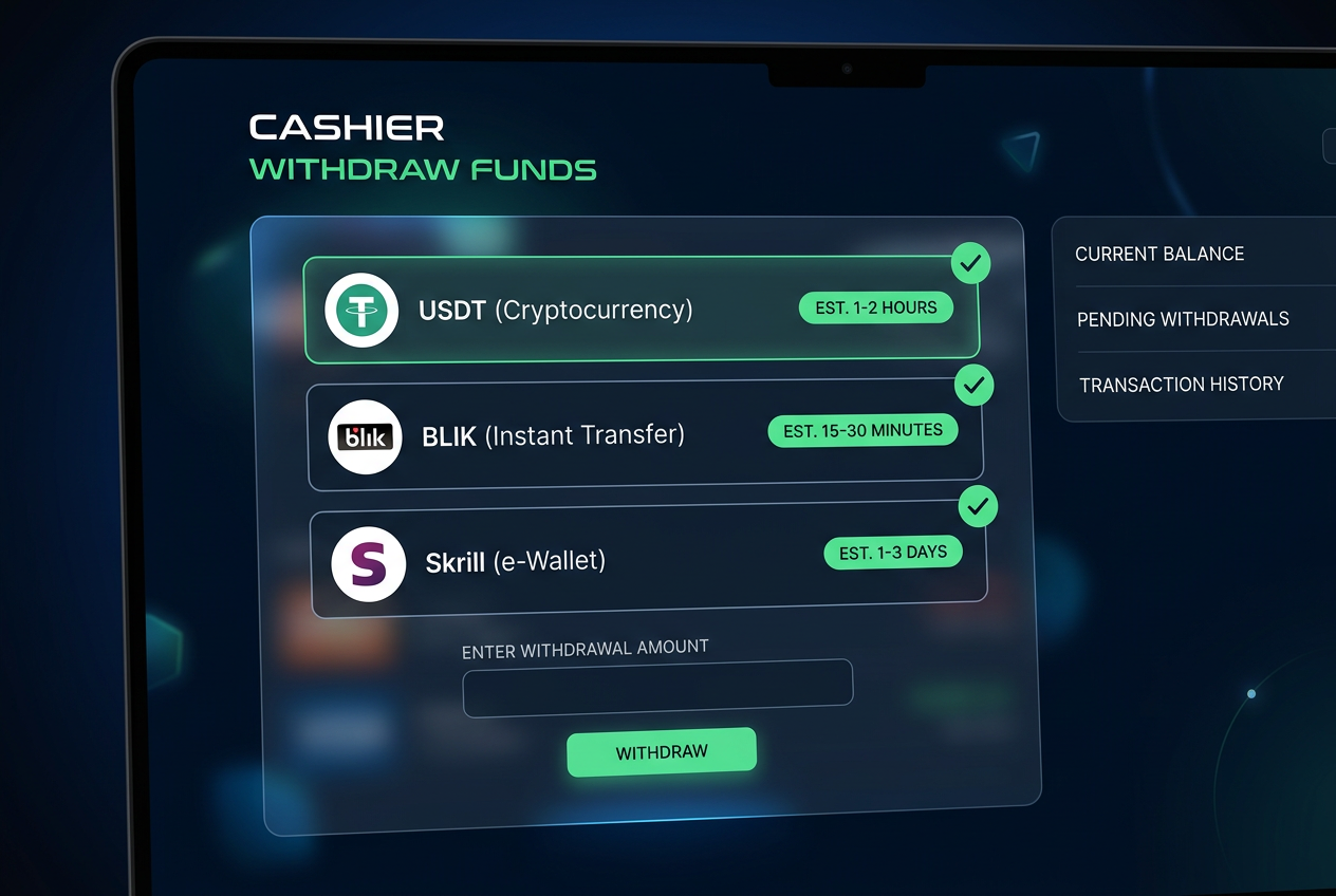 Nowoczesny interfejs panelu finansowego kasyna online z widocznymi metodami wypłaty takimi jak USDT, BLIK i Skrill.