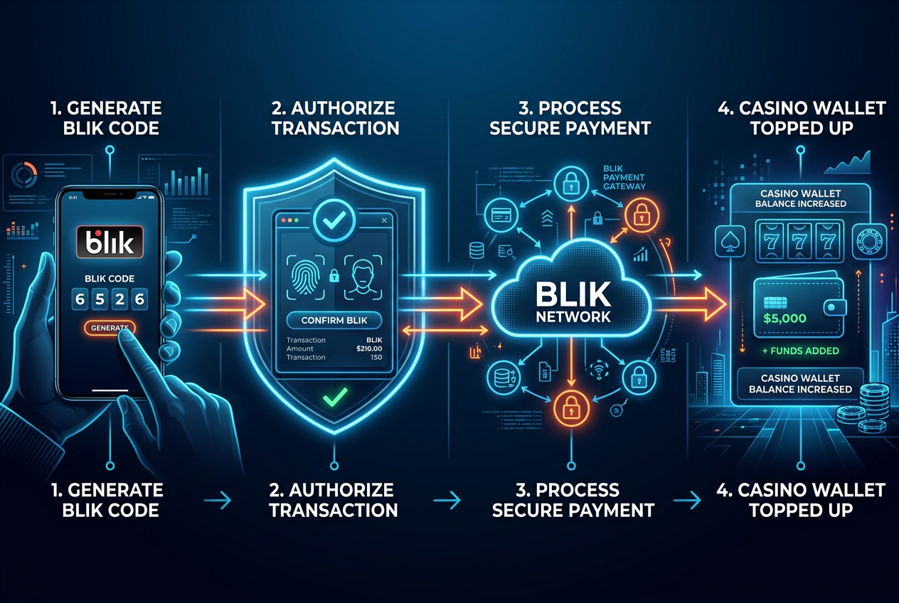 Infografika ścieżki płatności Blik i MiFinity do portfela kasynowego