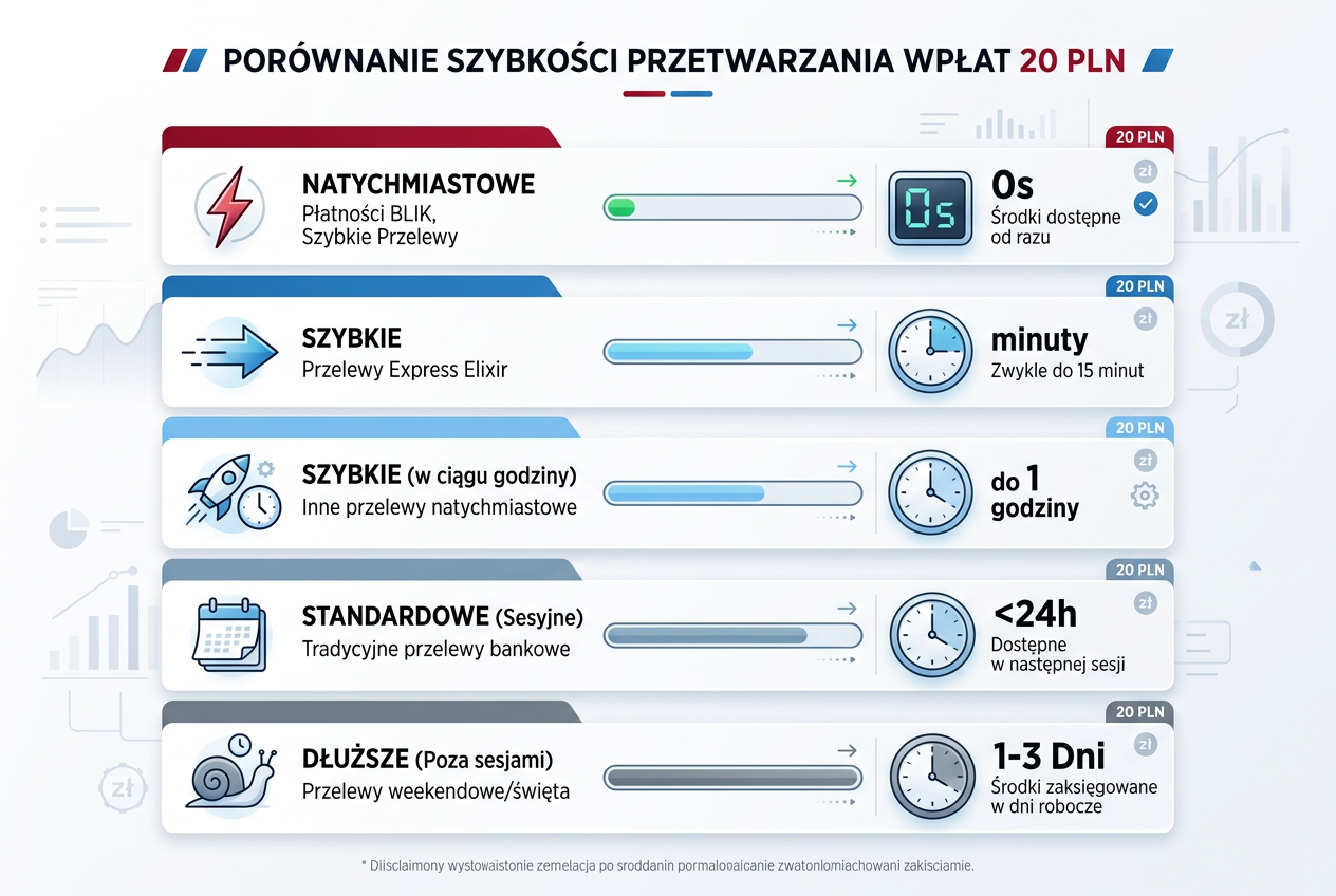 Infografika porównująca szybkość procesowania płatności 20 PLN w różnych kasynach online