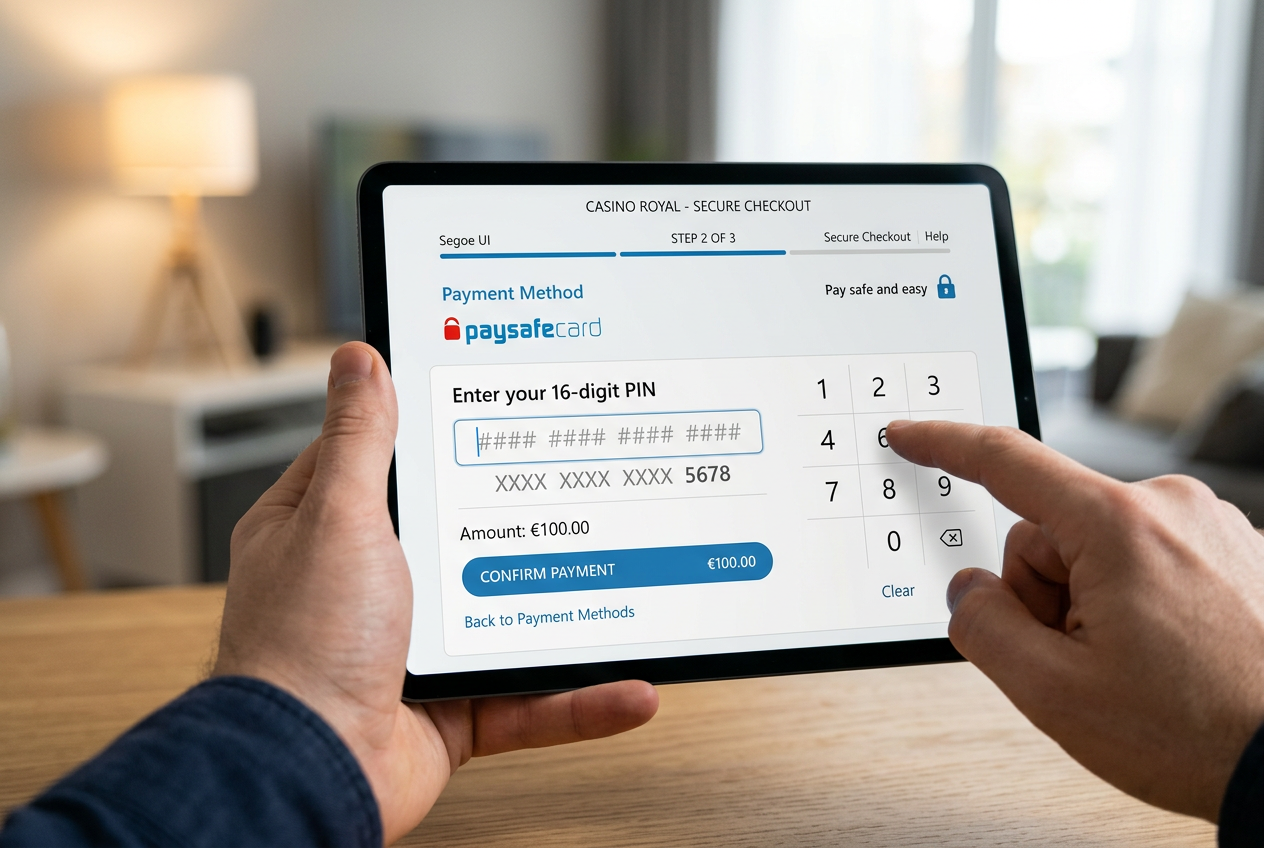 Interfejs płatności Paysafecard w nowoczesnym kasynie online z polem na kod PIN