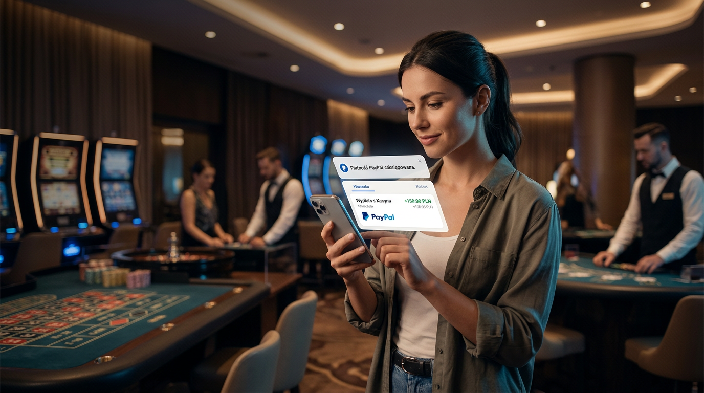Nowoczesny interfejs portfela PayPal nad podświetlaną salą kasyna