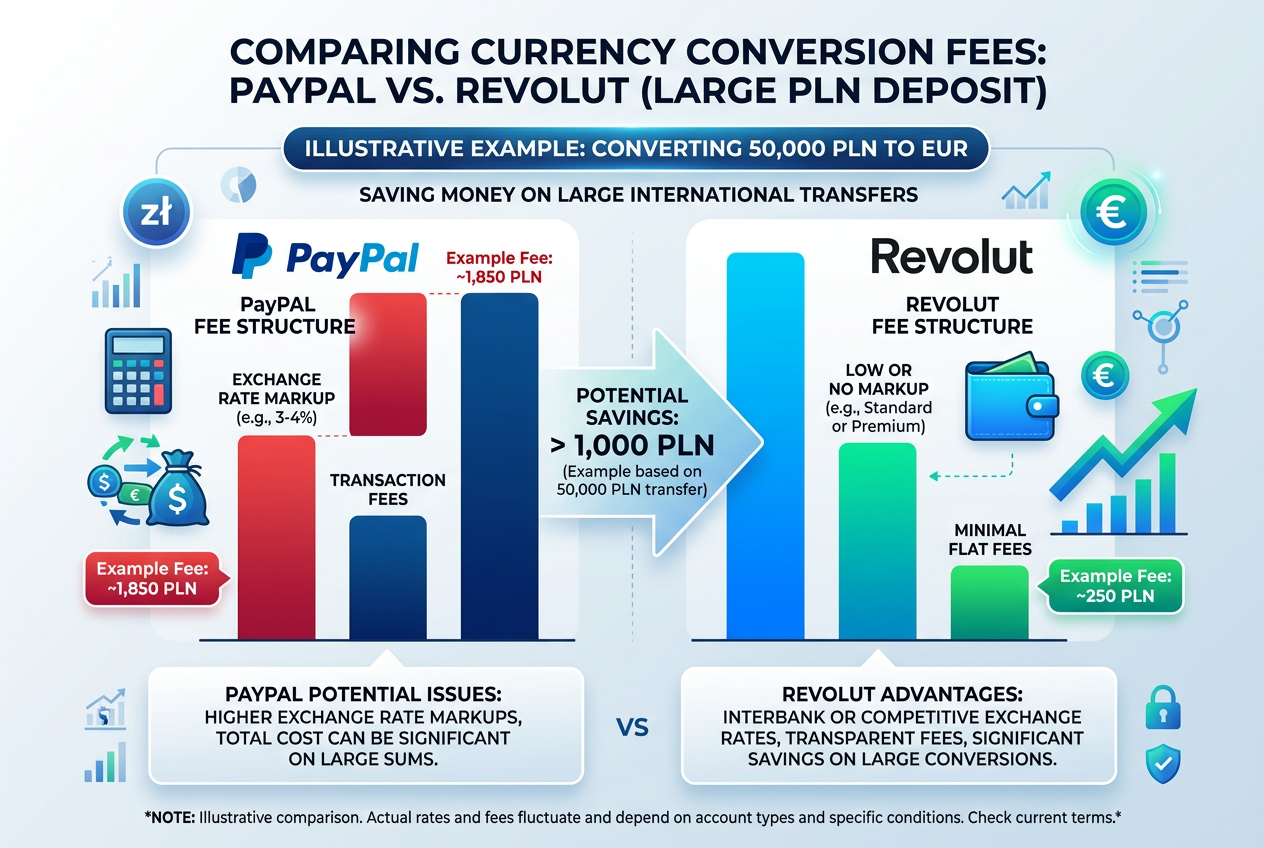 Infografika porównująca koszty przewalutowania PayPal vs Revolut